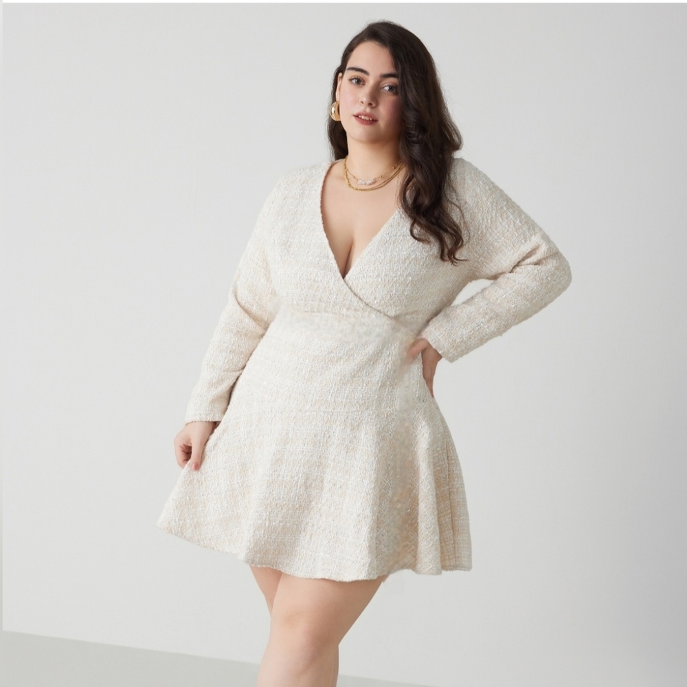 NWT Cider Tweed Long Sleeve Mini Dress Beige Silver Metallic Elegant Classy 0XL